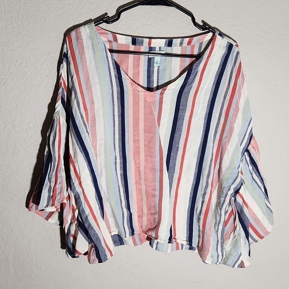 Susina Shirt womens size L stripped linen blend ruffel bell sleeves Large